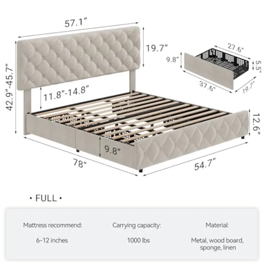 Bed Frame: Upholstered Platform Bed Frame with 4 Storage Drawers, Adjustable Headboard, Noise-Free Heavy Duty Design, Strong Wo