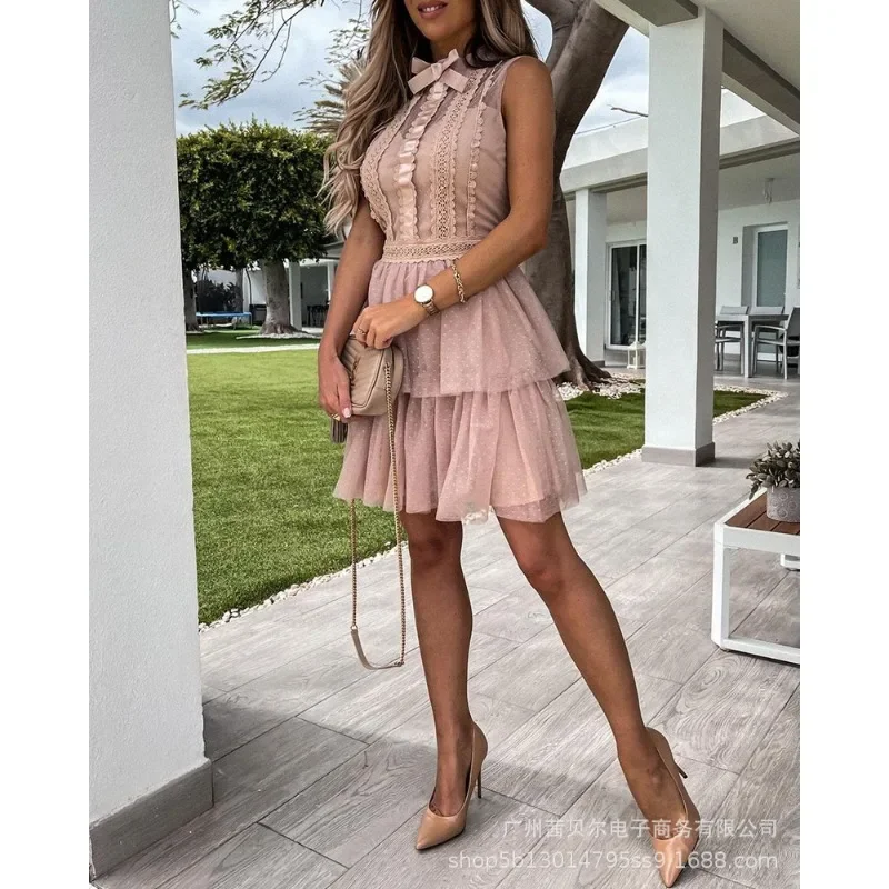 Elegante 2025 sem mangas o pescoço arco malha espartilho em camadas plissado mini vestido sexy feminino renda cortar vestido de festa à noite