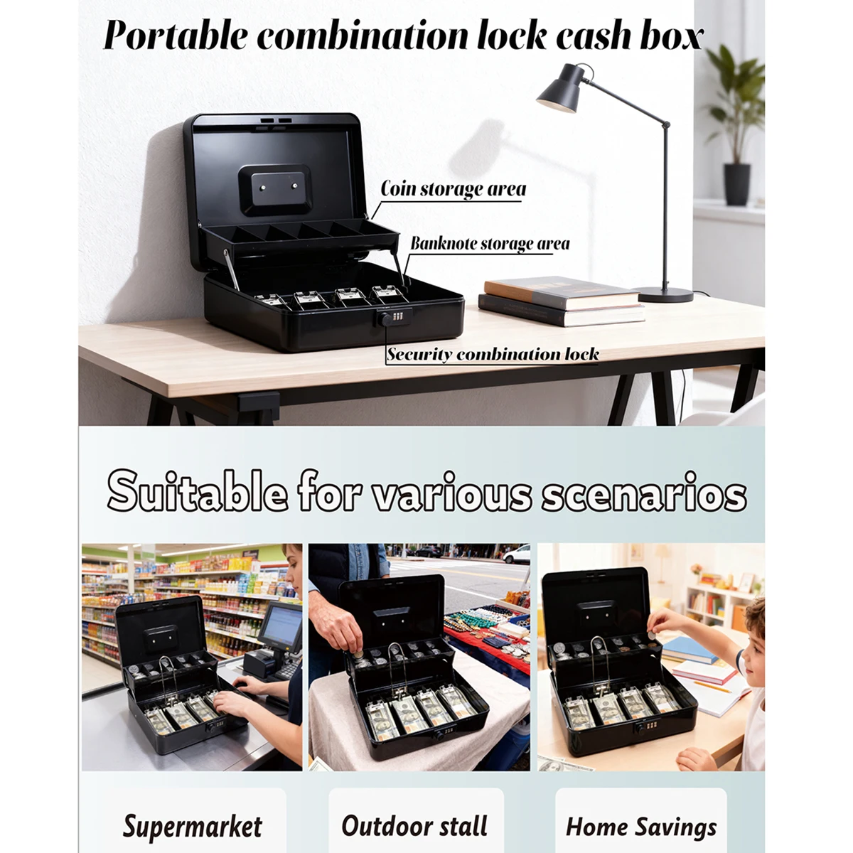 1 قطعة صندوق نقود مع مفتاح - قصدير نقود مع قفل - صندوق نقود متوسط الحجم مع صينية عملات معدنية لملاحظات العملات النقدية الصغيرة والمنزل والأعمال التجارية #6