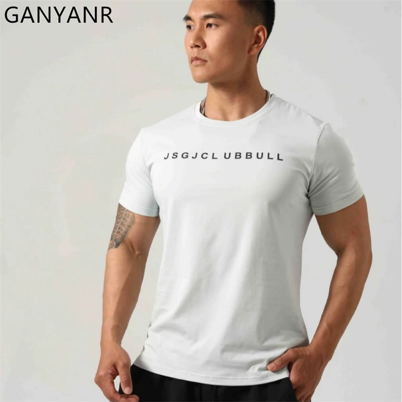 GANYANR Men Running T-shirt Short Sleeve Fitness Sportswear Gym Clothing Bodybuilding Quick Dry Training And Exercise Yoga Wear