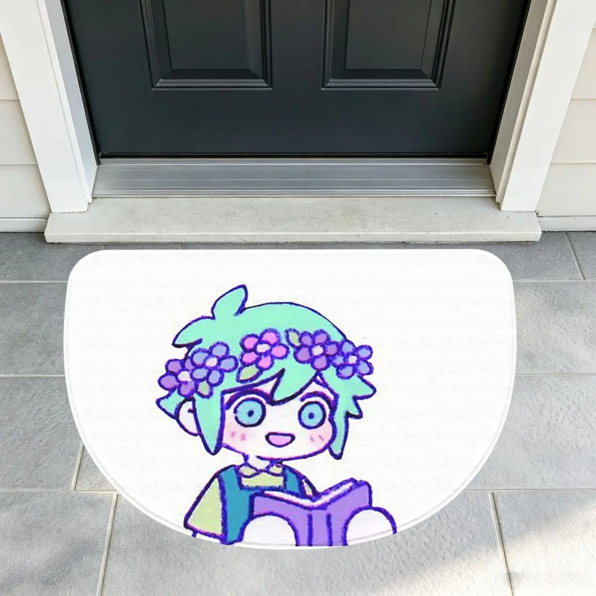 Cute Basil Omori Emote Soft Flannel Half Round Doormat Non Slip Bathroom Mat Absorbent Floor Carpet for Garage