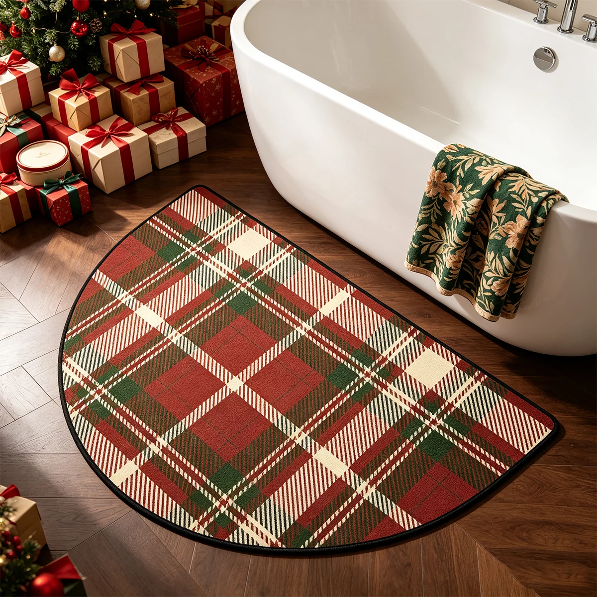 Christmas Doormat Red Semi-circular Carpet Vintage Scottish Tartan Entrance Rug Christmas Decorative Rugs Christmas Gifts