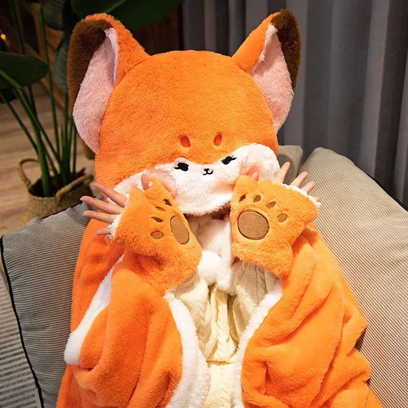 Lovely Fox Plush Soft Cloak Fox Cape Cartoon Cloak Coral Fleece Air Blankets Birthday Valentine Gifts Girl Heart Kids Gift