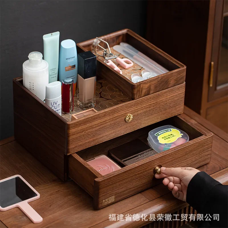 Walnut Desktop Cosmetics Storage Box Solid Wood Jewelry Organizer Separate Shelves for Skin Care Perfume Dresser Finishing