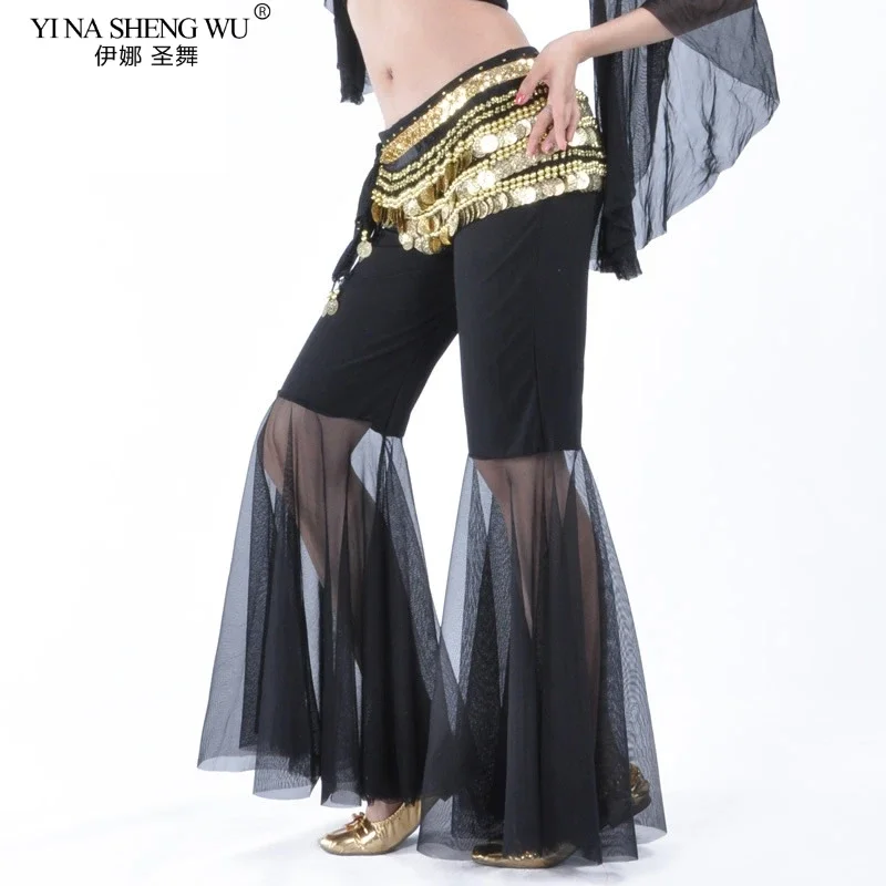 Dance Long Pants Belly Dance Costumes Pants Women Crystal Cotton Mesh Flares Tribal Belly Dance Performance Stage Dancer Pants