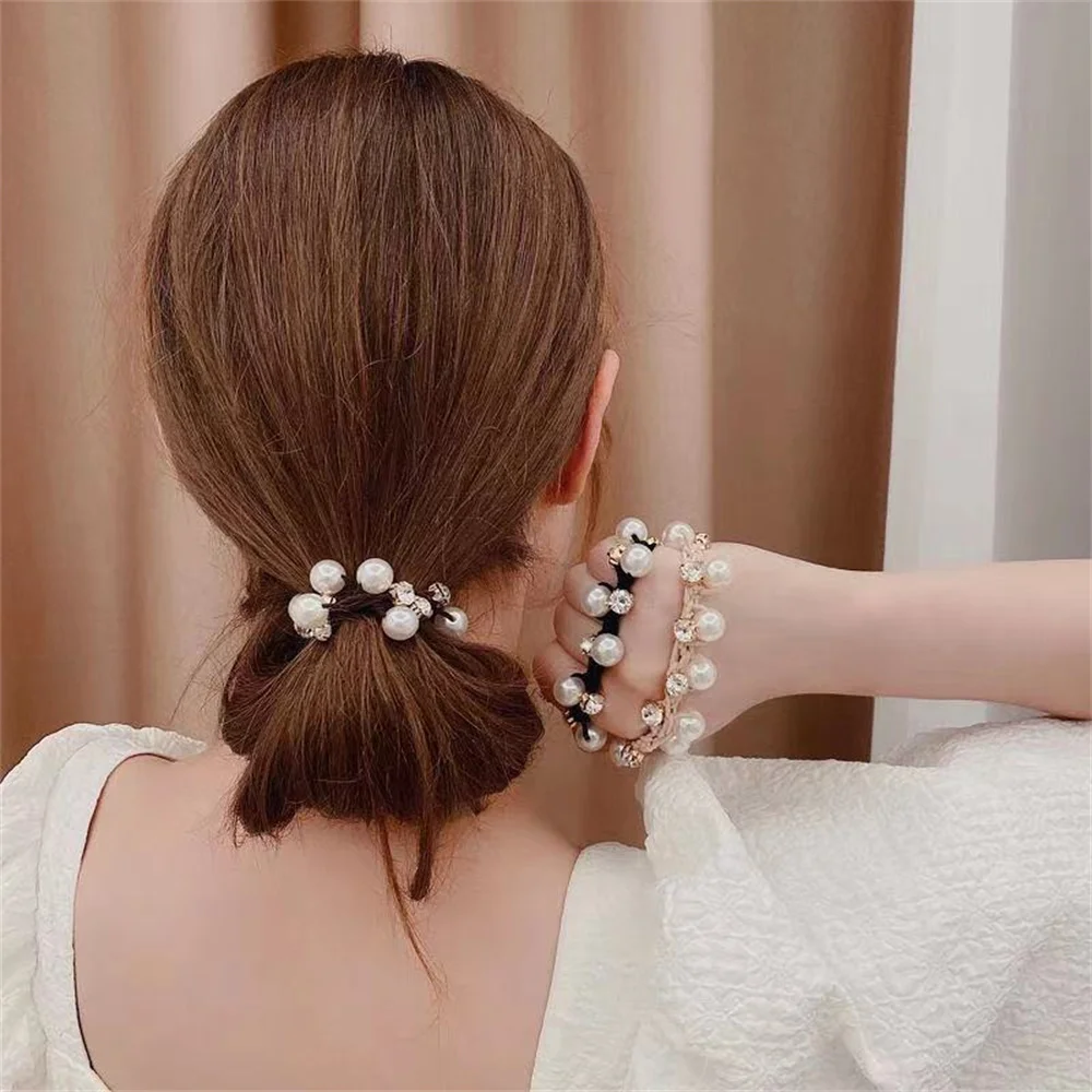 Elegant Pearl Rhinestone Hair Rope for Women Fashion Ball Bun Headband Ponytail Rubber Band Female Ornament Accessories Gifts