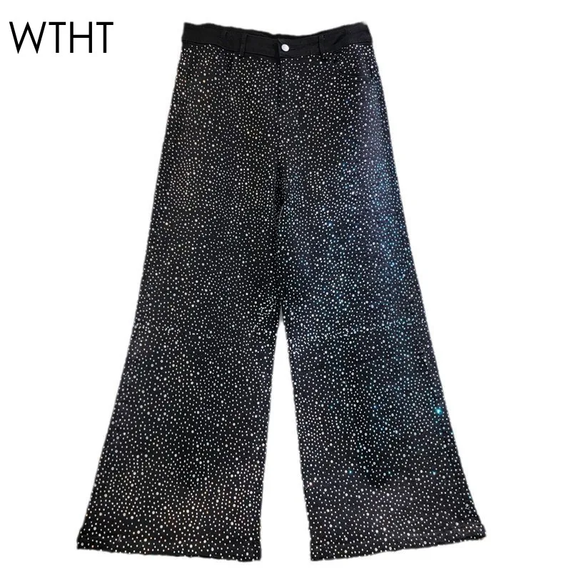 WTHT Fashion Women's Heavy Industry Diamonds Wide Leg Jeans  2024 Winter Trendy High Waist Straight Denim Pants Female 1LS614