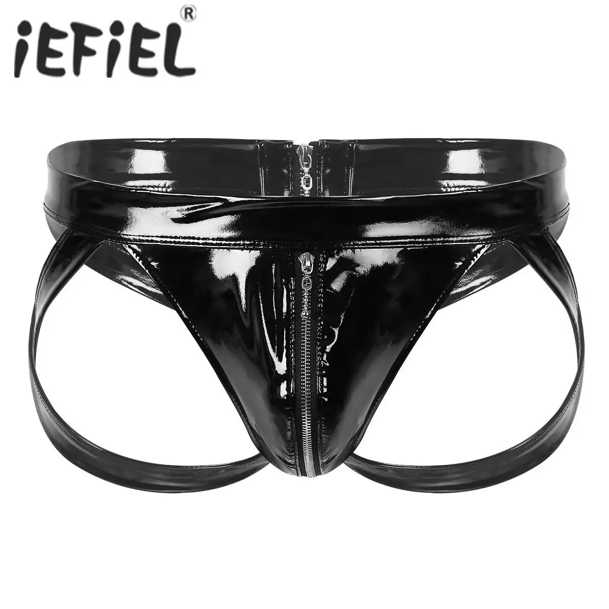 

Sexy Mens Wet Look Patent Leather Lingerie Briefs Jockstrap Low Rise Bulge Pouch Back Cut Out Double-ended Zipper Underwear