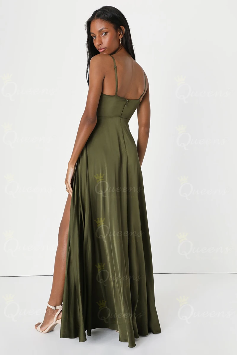 QueensLove Army Green Bridesmaid Dress V-Neck Straps Evening Prom Dress Classic Style High Split A-Line Satin Dress