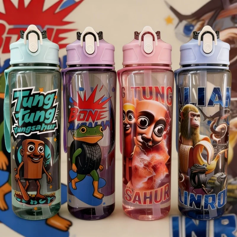 زجاجة مياه برينروت الإيطالية زجاجة مياه تونغ تونغ صحور مع شفاطة أكواب مياه رياضية خارجية غلاية شرب كرتونية