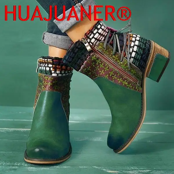 New 2026 Autumn Winter Women Retro Weave Splicing Leather Pattern Adjustable Boots Botines Mujer Vintage Warm Botas Women Boots