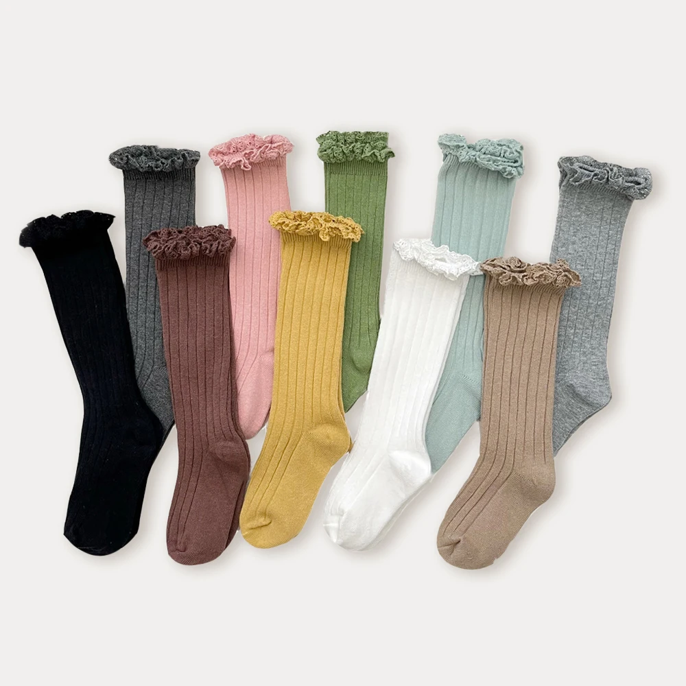 Kids Knee High Socks Baby Girls Toddlers Long Soft Cotton Sock Lace Flower Children School Uniform Socks For 0-9 Years