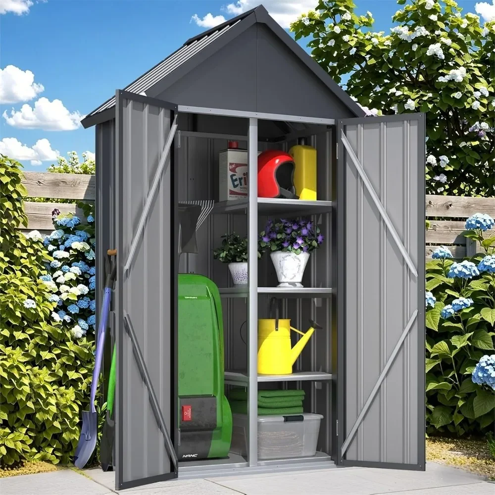 

Outdoor Storage Cabinet Waterproof, Vertical Tall Sheds Cabinet with Shelves and Double Door, Garden Tool Sheds