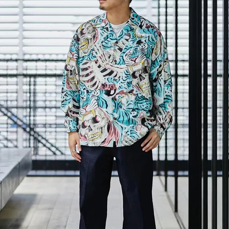 

WACK Long Sleeve Shirt Tiger Skull Pattern Full Print Spring Summer Good Quality Loose Men Woman Lapel Tops Tee