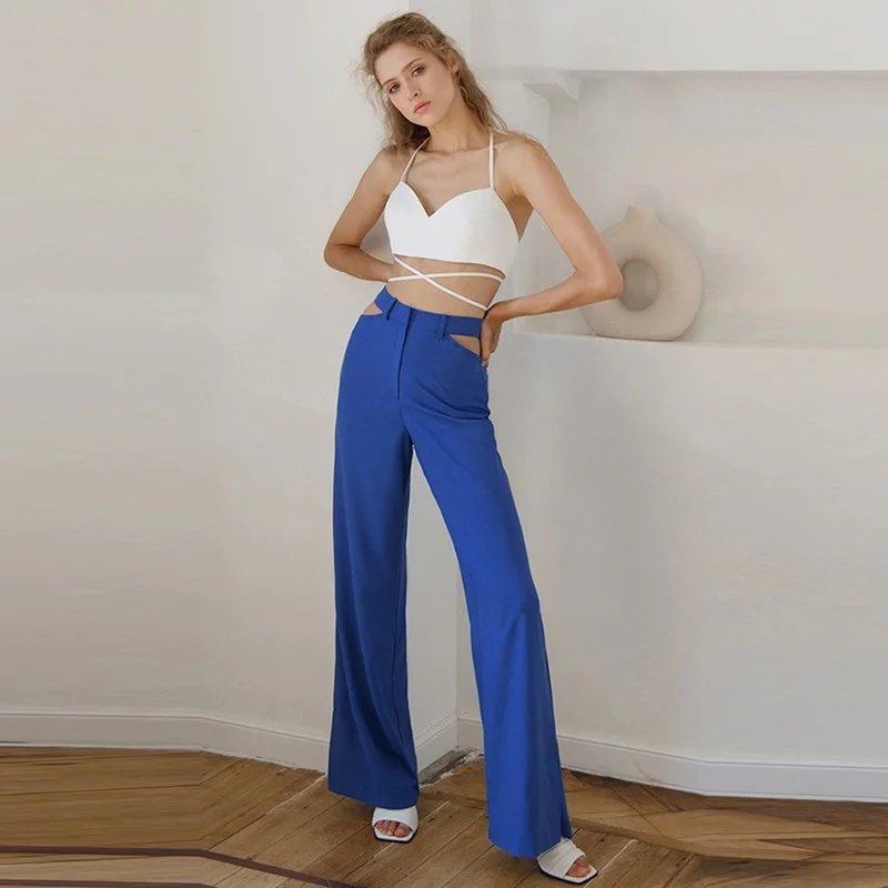 

Fall Thin Trousers Loose Wide-leg 2024 New Pants Blue Hollow Sexy Female Fashion Casual Trend High Waist Stretch Pants Women