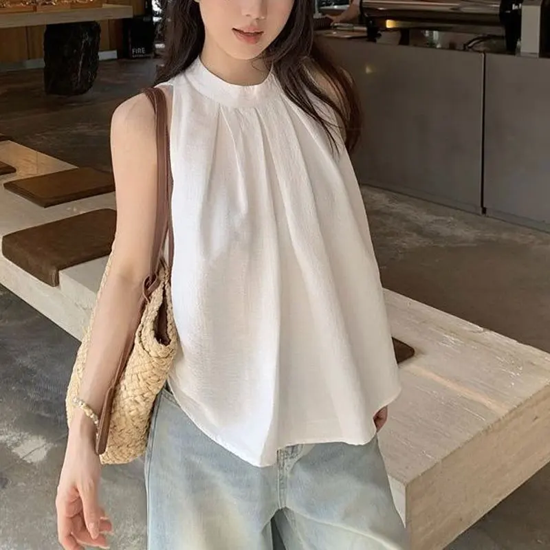 Casual Fashion Pleated Shirts Female Clothing Solid Color Basic Summer Sleeveless French Style Halter Loose Sweet Folds Blouse