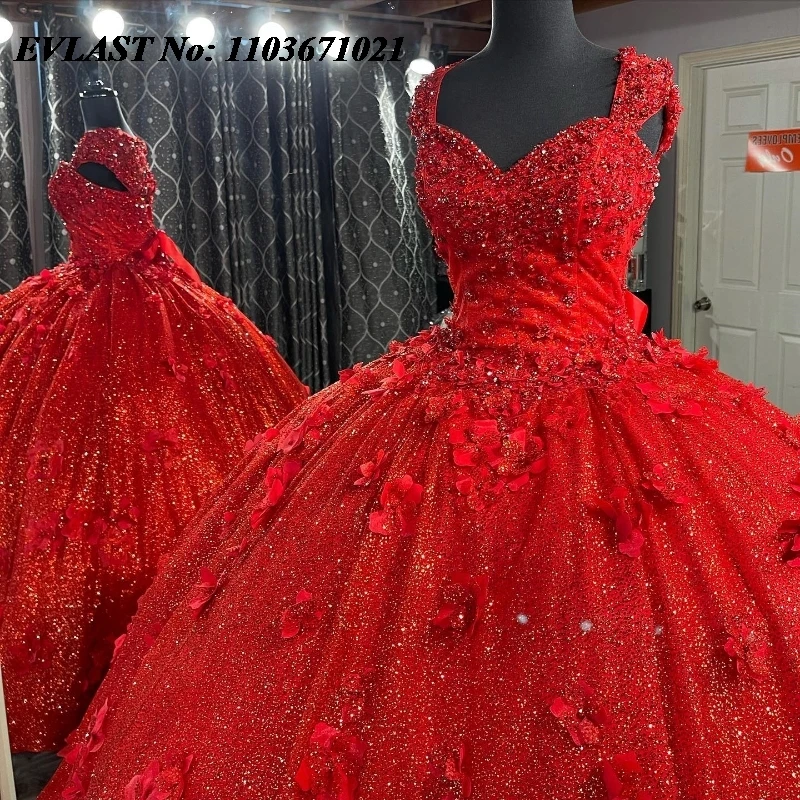 Evolt personalizado vermelho quinceanera vestido de baile 3d floral applique contas cristal espartilho doce 16 vestidos de 15 anos sq529