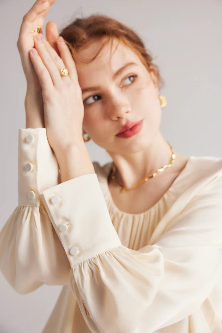 90% Silk 10% Spandex Women's Blouse O Neck Long Sleeves Ruched Elegant Fashion Quality Tops