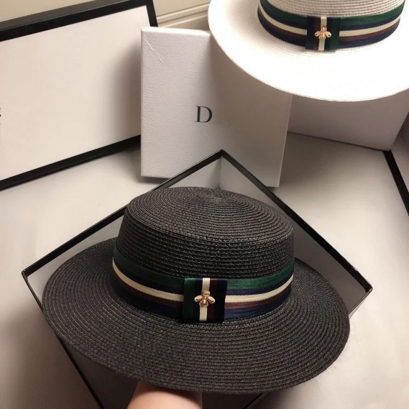

2 pcs Flat Top Straw Hat Man Woman Striped Decorative Band With Bee Wide Brim Beach Sunhat for Summer Outdoor Holiday Vacation