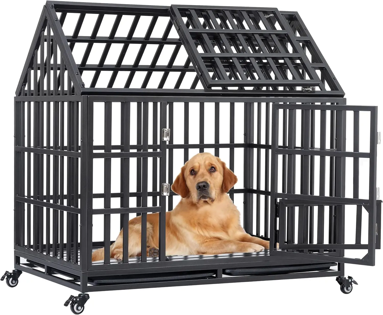 44 Inch Heavy Duty Indestructible Xl Dog Crate Steel Escape Proof, Indoor Double Door High Anxiety Cage, Kennel With Wheels,