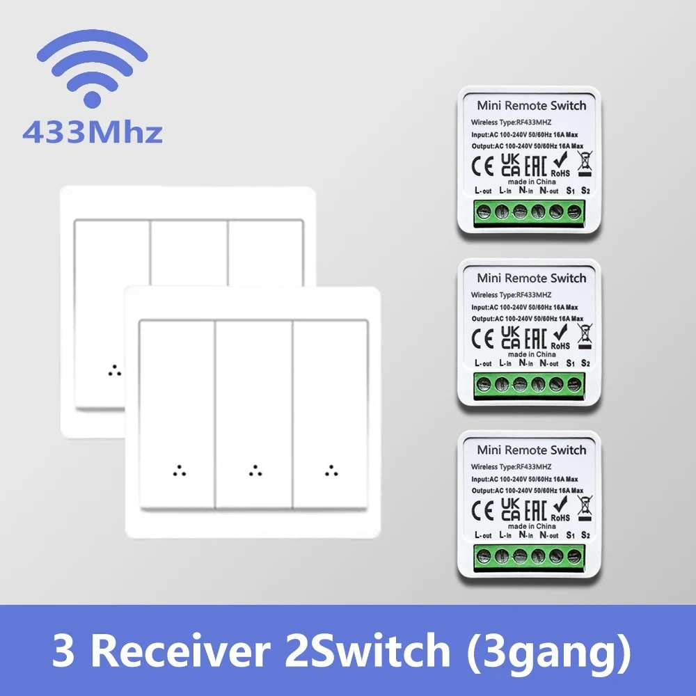 RF 433MHz Wireless Smart Wall Light Switch Panel Remote Control Mini Relay Receiver 1/2/3 Gang Push Button for LED Lightings Fan
