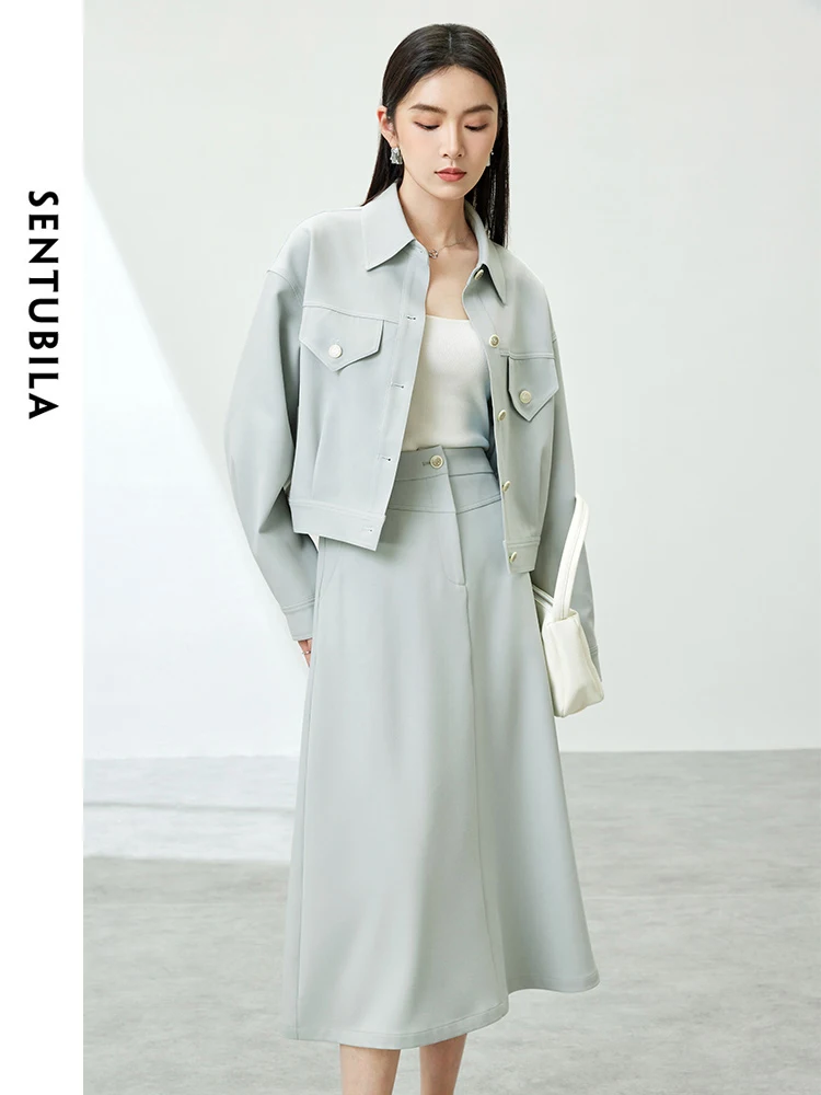 SENTUBILA Women Spring Two Piece Outfits Skirt Set 2024 Casual Fashion Drop Sleeve Shirt Jacket A-line Skirt Female 141Z53193