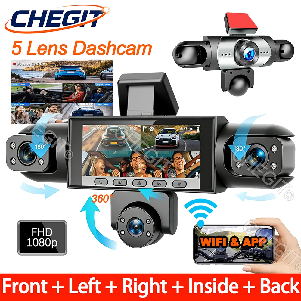 Nouvelle caméra embarquée 5 canaux 360° 1080P avec WiFi et application, enregistreur vidéo, moniteur de stationnement 24h, caméra de recul