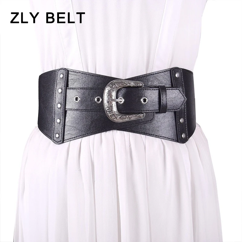 

ZLY 2024 New Fashion Waistband Women 86CM Elastic Adjustable PU Leather Material Alloy Silver Pin Buckle Luxury Dress Coat Style