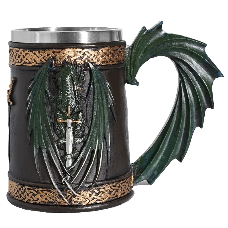 Green Dragon Beer Mug Medieval Dragon Nordic Style Resin Stainless Steel Retro Gothic Tankard Cup Gothic Wine Glass Party Gift