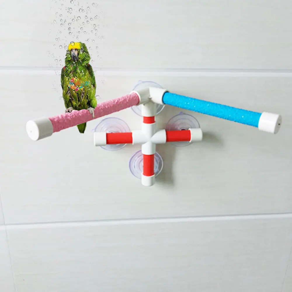 Ventosas con plataforma de pie para mascotas, Soporte de doble palo para rechinar patas, perchas interesantes para ducha de baño, pájaros y loros