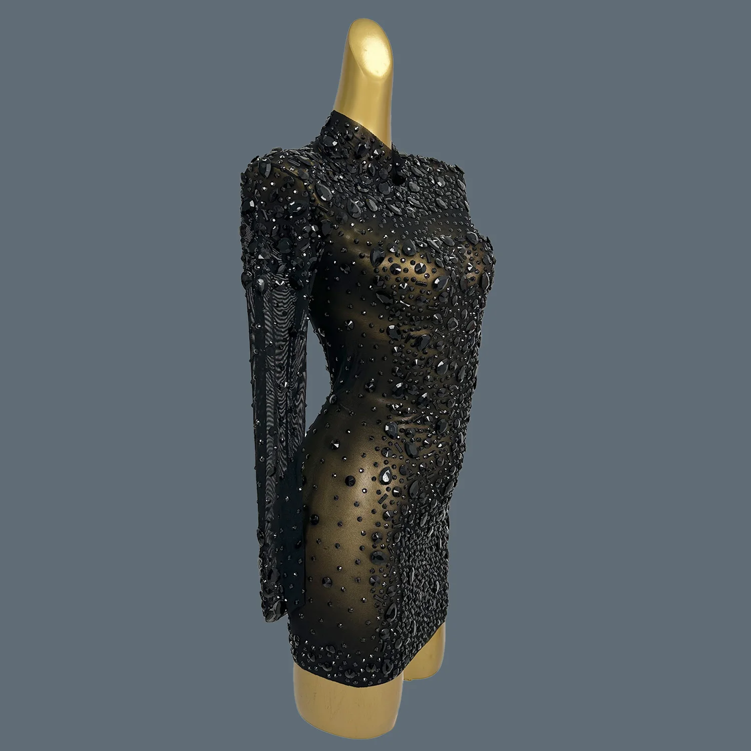 

Sparkly Black Full Crystals Sexy Mini Dress for Women Mesh Transparent Party Celebrate Birthday Dress Photo Shoot Wear Cuixing