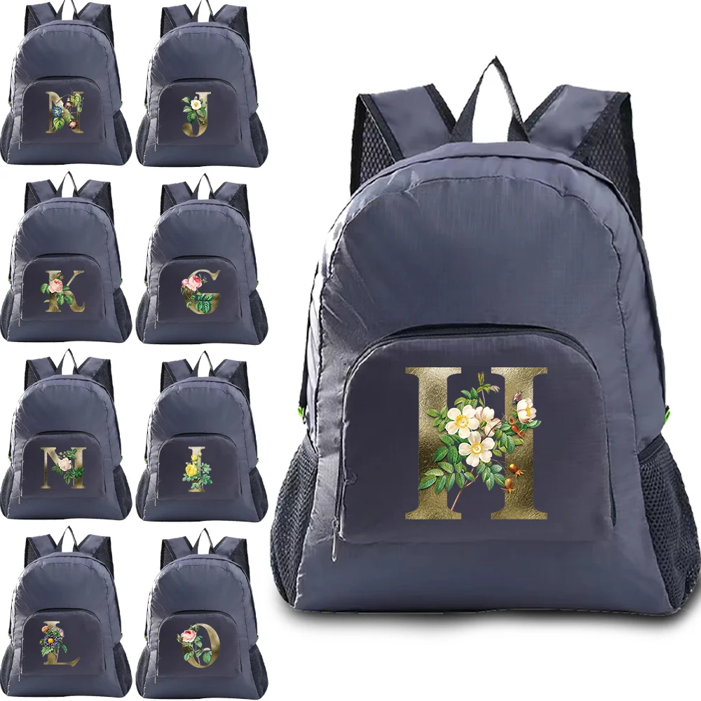 Unisex Foldable Backpack Camping Ultralight Folding Travel Bag Hiking Backpack Golden Flower Letter Print Outdoor Sports Daypack