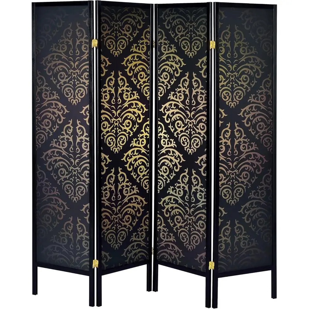 

Black 4-Panel Folding Room Divider Screen - Traditional Wood Partition with Damask Print for Home Office, Bedroom & Living Room