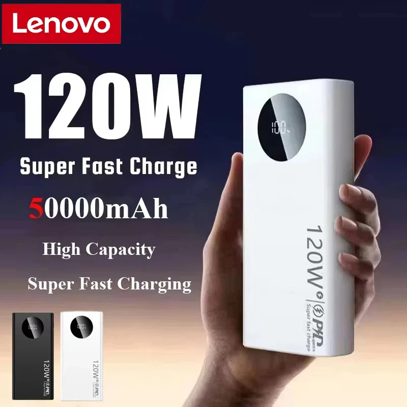 

Внешний аккумулятор Lenovo 50000 мАч с высокой емкостью, быстрая зарядка 120 Вт, портативное зарядное устройство для iPhone, Samsung, Huawei 2026