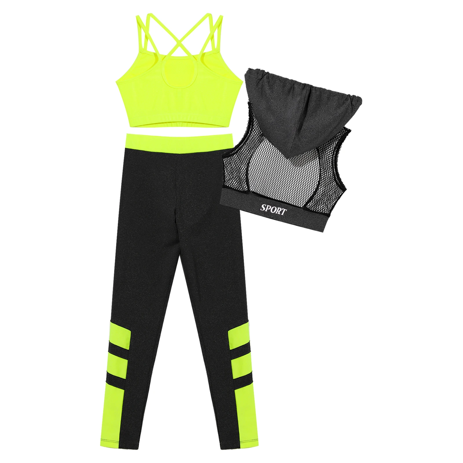 Kids Girls Jazz Set Hip Hop Dance Outfits Athletic Sportswear Gymnastics Suit Hooded Net Cover Up Tops with Crop Tops And Pants