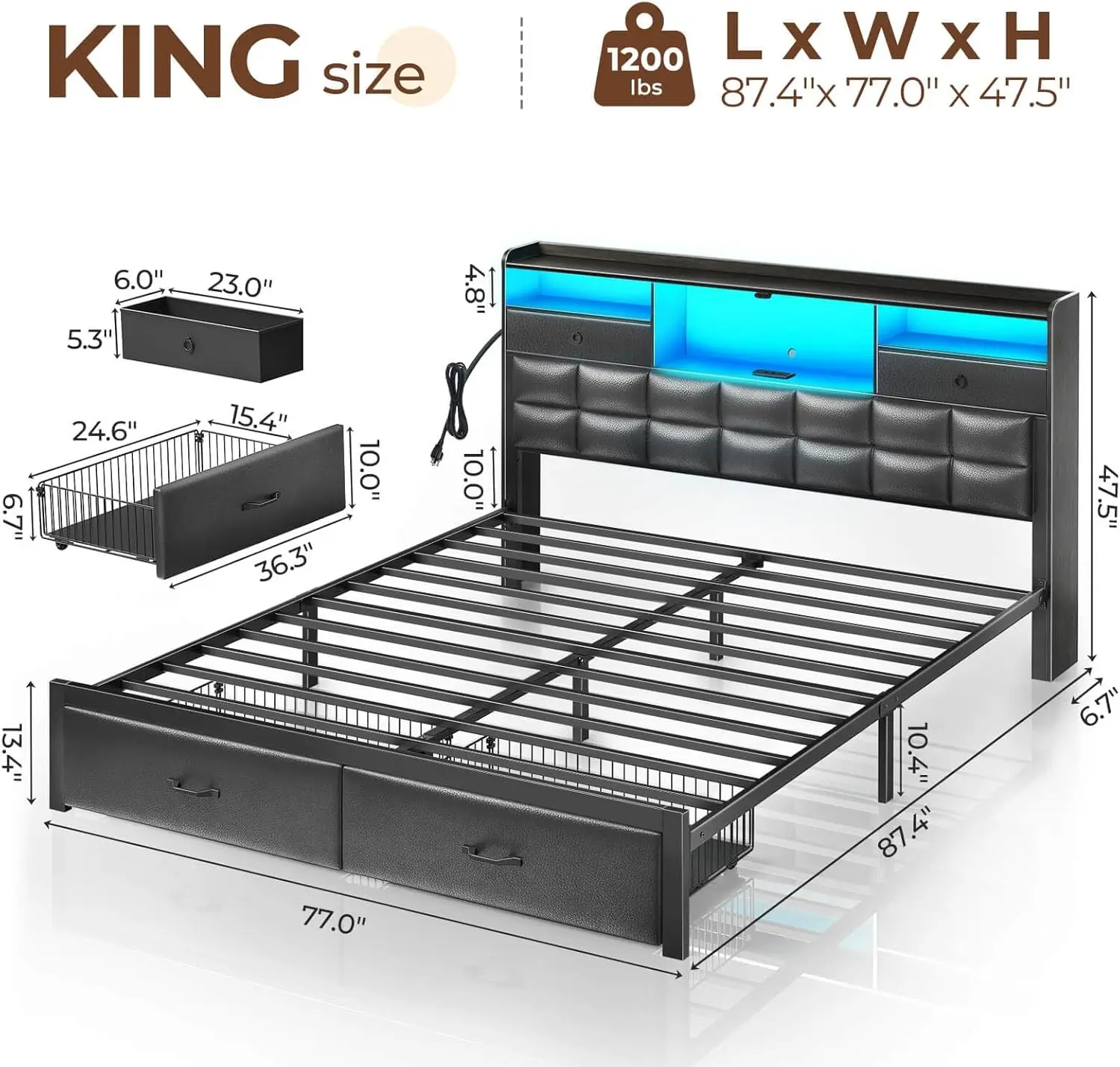 Extra large bed frame with drawers and charging station, cushioned platform bed, no need for box springs, no noise, black