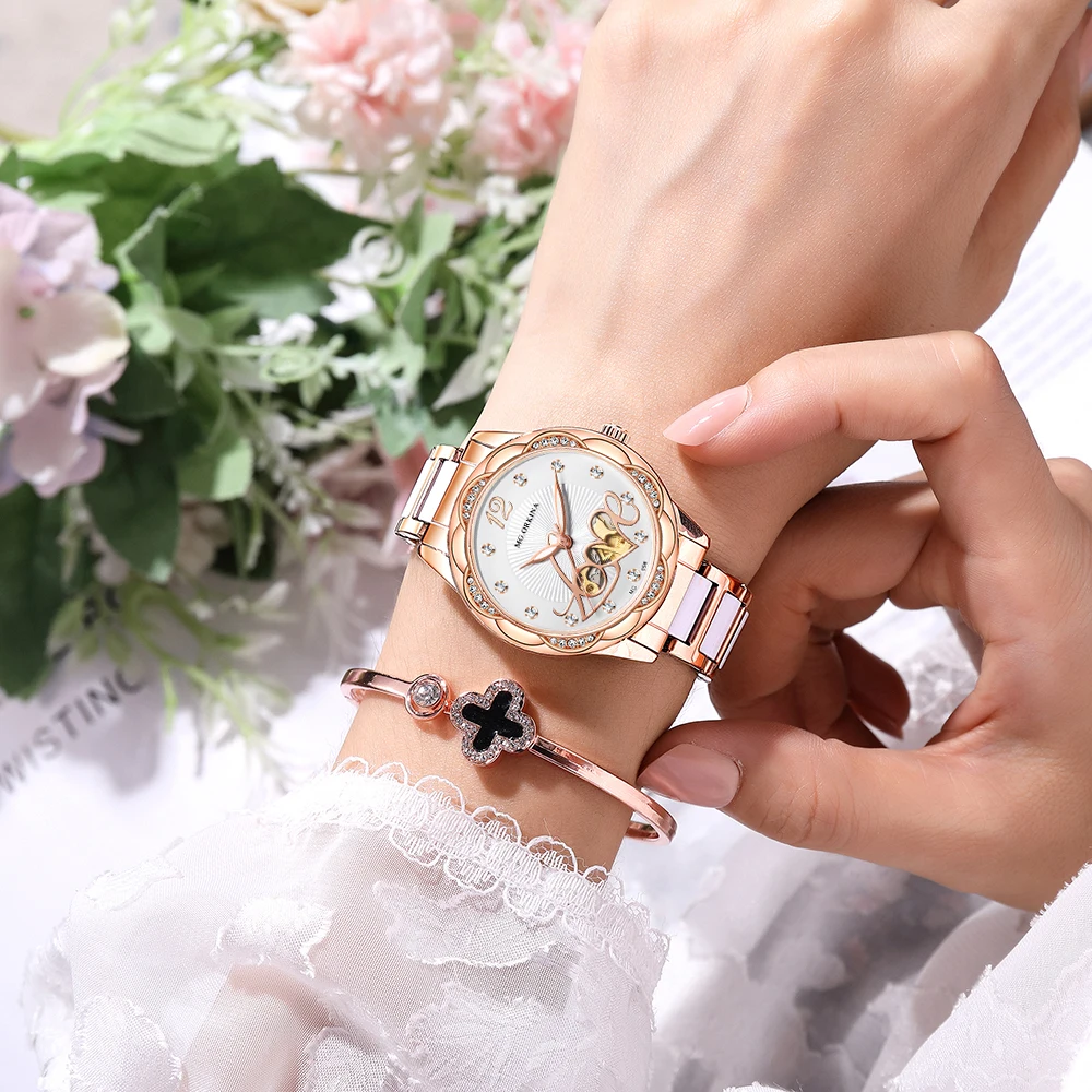 ORKINA Women Mechanical New Watch Designer Luxury Top Brand Ceramic Stainless Steel Diamond Skeleton Ladies Automatic Wristwatch