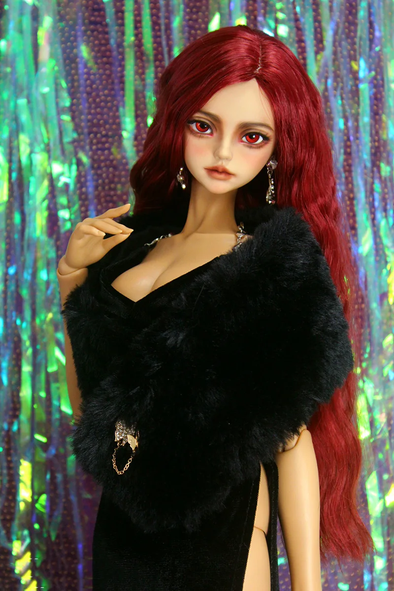 [High Quality] 1/3 1/4 Red Black Sling Deep-V Neck High Slit Evening Dress with Fur Shawl Brooch for BJD DD Action Figure Dolls