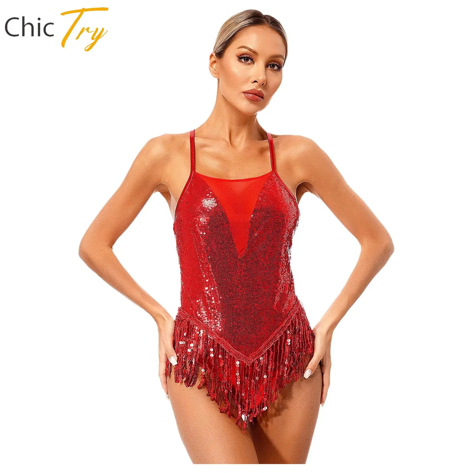 Womens Sequins Tassels Latin Dance Leotard Cha-cha Samba Dancewear Bodysuitf Or Dancing Competition Jumpsuit Performance Costume