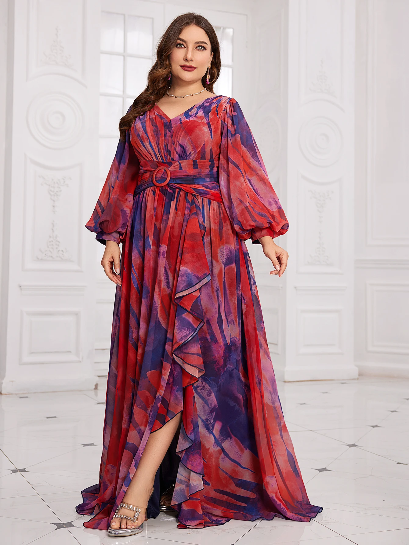 

UNITHORSE Платье случайного кроя с цветочным акварельным узором, шифоновое платье с рукавами-фонариками и v-образным вырезом, со складками, декоративная пряжка