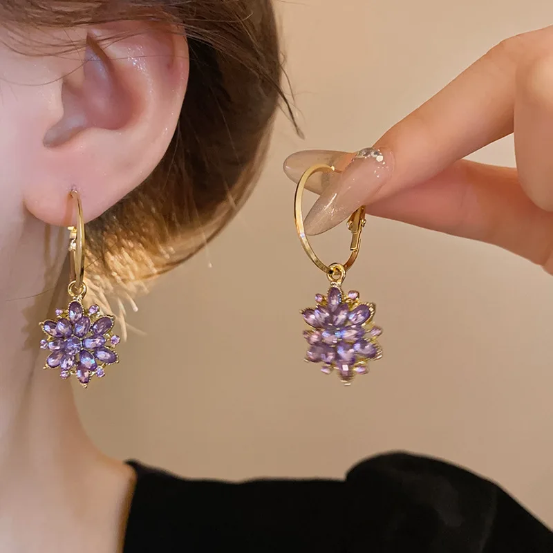Luxury Geometry Purple Zircon Crystal Stud Earrings For Women Full Rhinestone Flower Exquisite Earring Party Wedding ChicJewelry