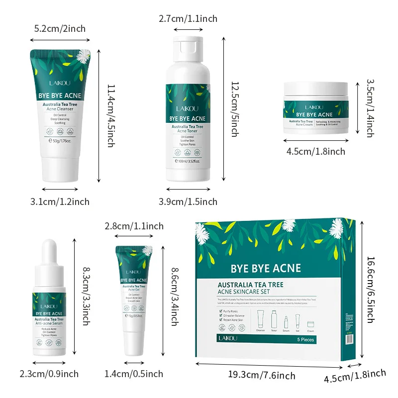 LAIKOU Tea Tree Acne Repair Skin Care Set Cleanser Toner Serum Gel Cream Purify Pores Oil-Water Balance Repair Soothen Skin 5pcs