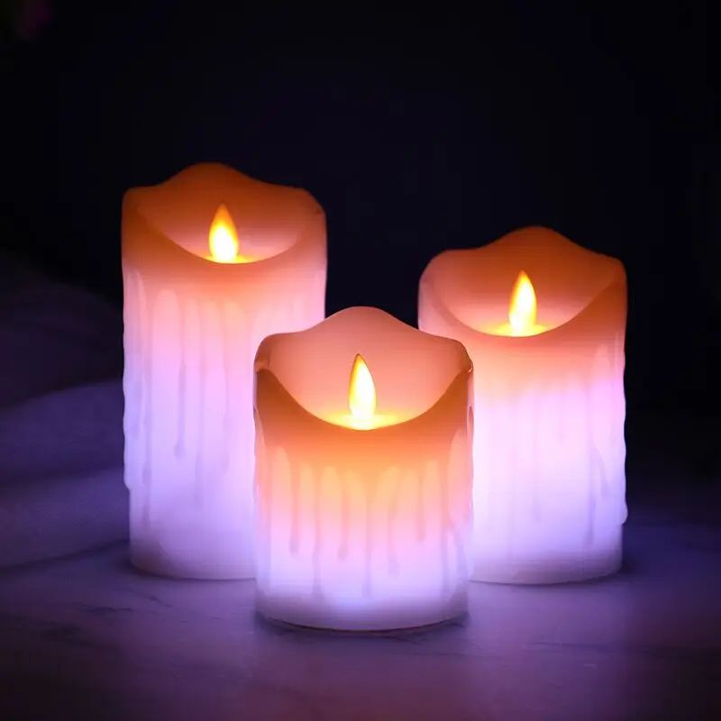 

set of 3 Battery operated or USB Rechargeable Pillar RGB Candle light Paraffin Dipped Wax Dancing wick w/Remote Home Party Decor