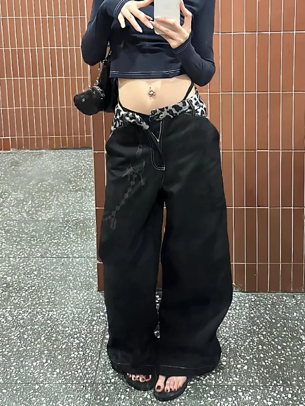 

Джинсы женские больших размеров в американском ретро-стиле с леопардовым принтом, с эффектом сращивания на талии, дизайнерские, свободные, широкие, в пол