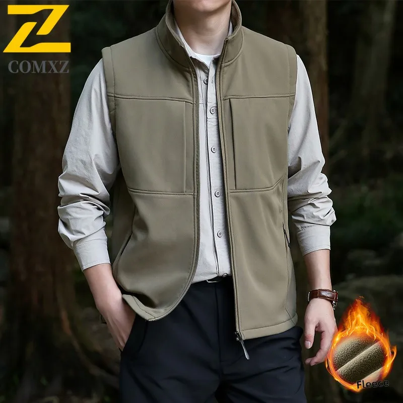 

COMXZ New Vest Winter 2025 Luxurious Fleece Thickened Working Sleeveless Jacket Mens Outdoor Fishing Gorpcore Softshell Camisole