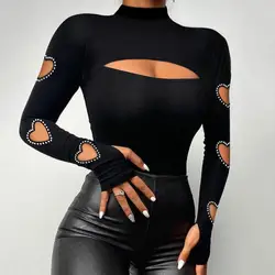 Vrouwen Slim Fit Top Stijlvolle Vrouw Sexy Blouse Collectie Mock Hals Square Kraag Slim Fit T-Shirt Met Kanten Stiksel Kralen