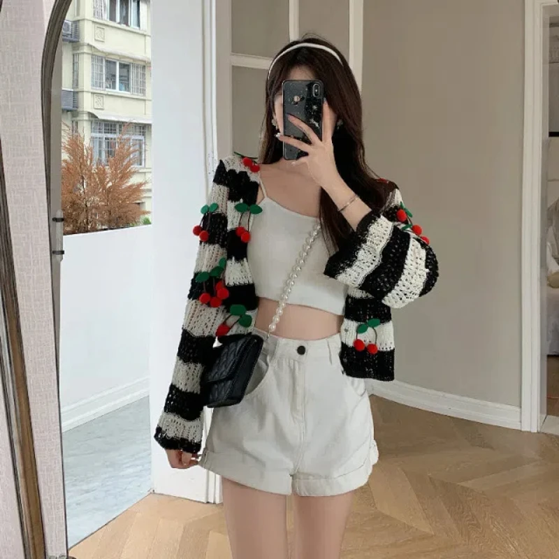 2024 Year New Spring Autumn Long Sleeve Fashion Contrast Color Striped Hollow Out Knitted Coat Loose Laziness Button Cardigan