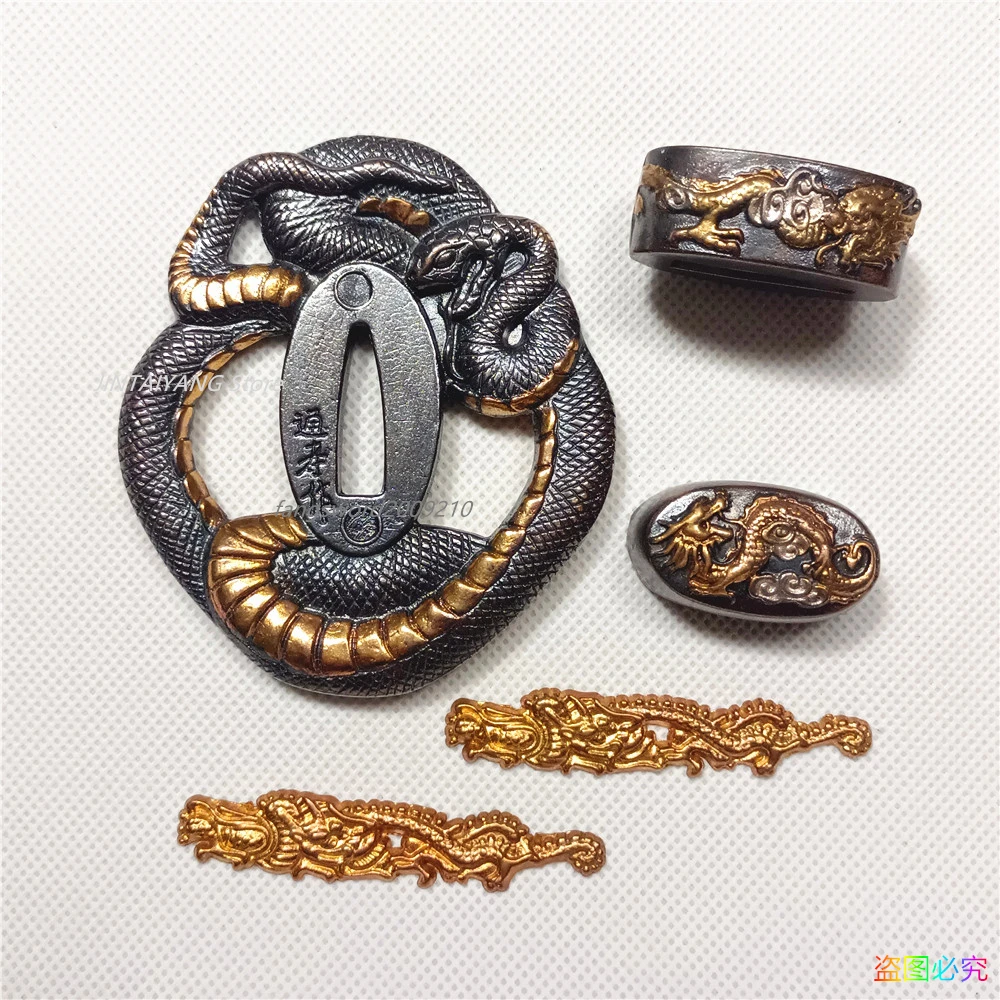 Wonderful Set Copper Brass Carved Snake Tsuba Guard Fuchi Kashira Fittings For Japanese Sword Samurai Katana Accessories