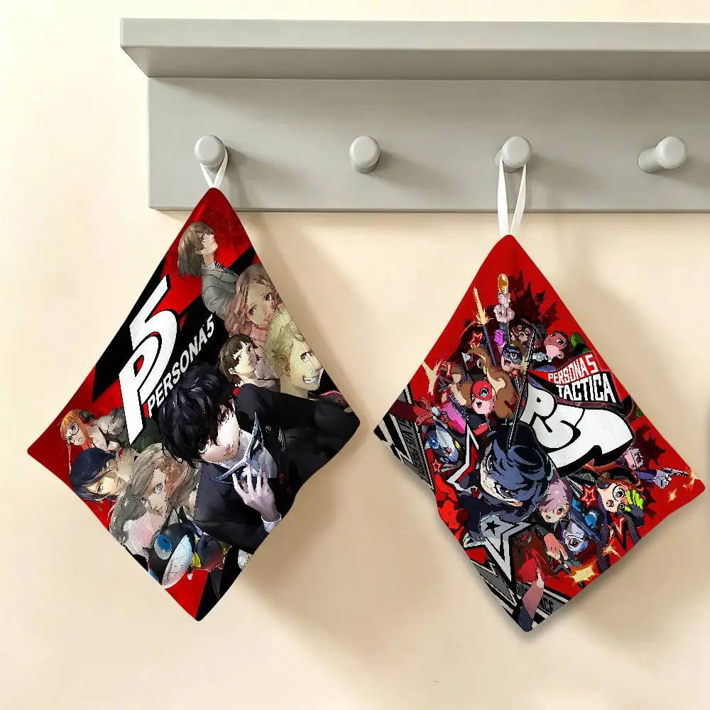 Game P-Persona 5 Anime Polyester Cotton Hand Wiping Towel, Anti-shrink Hanging Kitchen Cloth for Household Cleaning