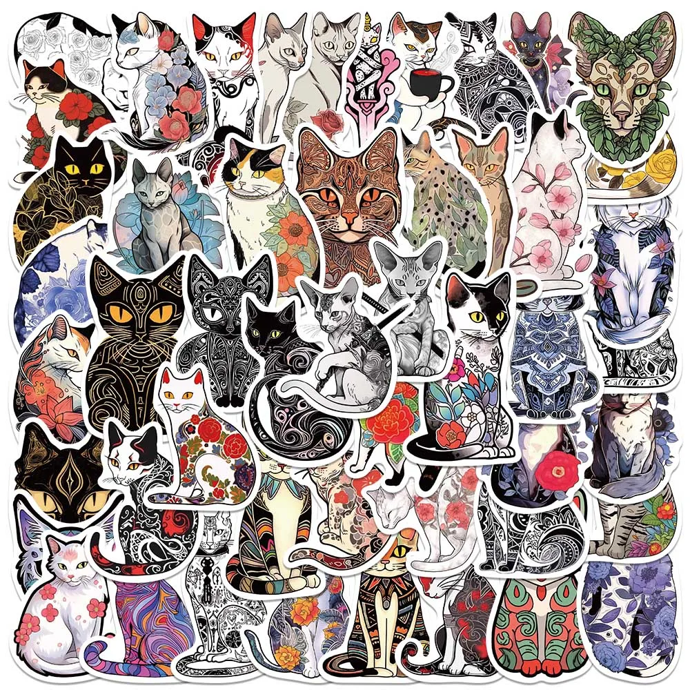 50pcs Retro Cartoon Animal Flowers Cats Stickers For Laptop Water Bottle Luggage Notebook Phone Waterproof Graffiti Vinyl Decals